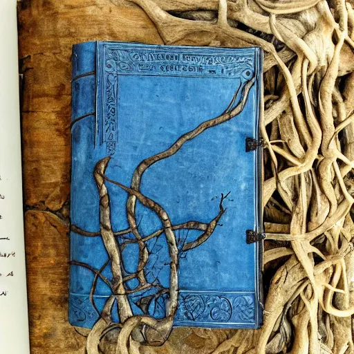 Prompt: a ancient rustic blue leather bound tome, standing open on a wooden stump in a jungle, pages showing their age, cryptic words and drawings visible, vines growing around, mystical lighting, fog, slight glow coming from inside the book