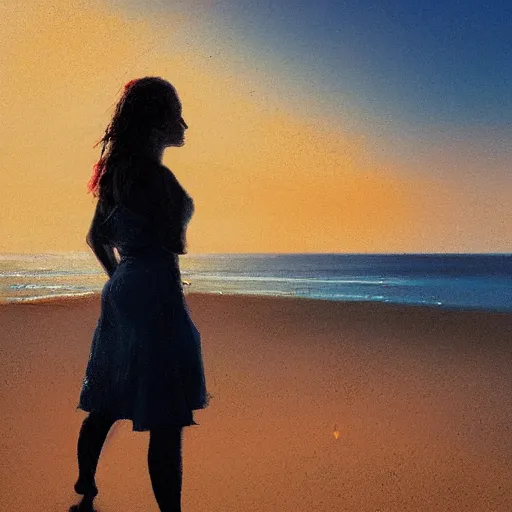 Image similar to a woman facing a blue portal on the street, which shows a beach at sunset, greg rutkowski