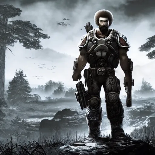 Image similar to Bob Ross in Gears of War, gloomy unreal engine 5 render