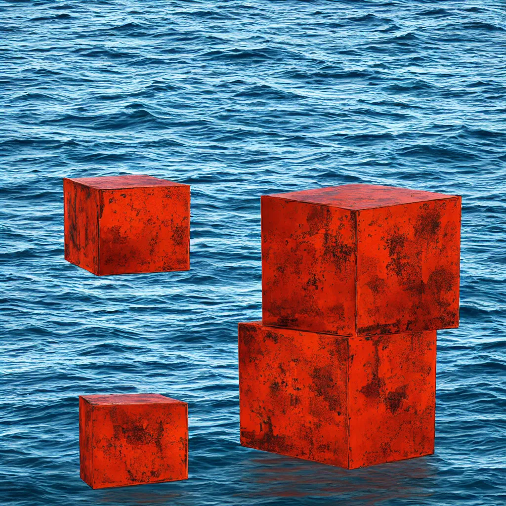 Image similar to an art instillation of a cube in the middle of the ocean, slightly rusting, made by richard sera, 8k photograph, highly detailed