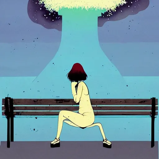 Prompt: girl sitting on a park bench nuclear explosion in the background, nuclear mushroom cloud, by conrad roset, digital art