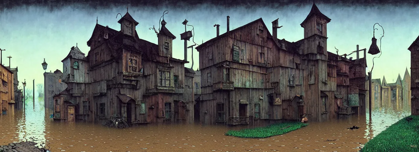 Image similar to flooded! old dark scary wooden empty cursed town street entrance, very coherent and colorful high contrast masterpiece by gediminas pranckevicius rene magritte norman rockwell franz sedlacek, full - length view, dark shadows, sunny day, hard lighting, reference sheet white background