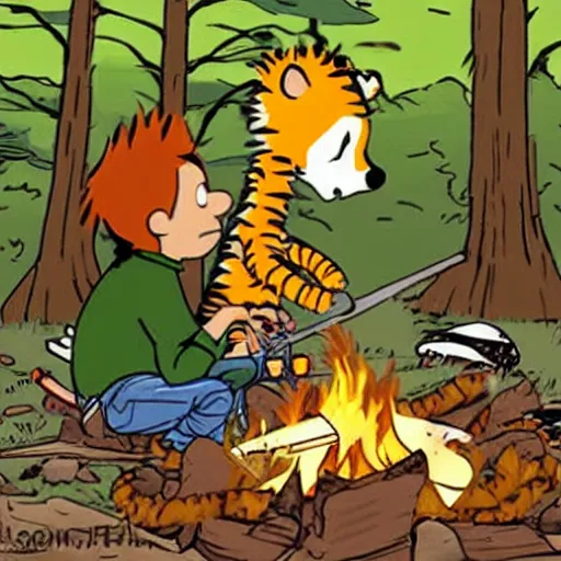 Image similar to Calvin and Hobbes camping in the forest making dinner