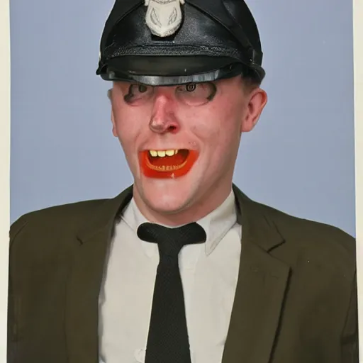 Prompt: photograph of a british man, with crooked teeth, and wide eyes, sneering at camera, 1980s, cop outfit, realistic W- 700 C- 15.0