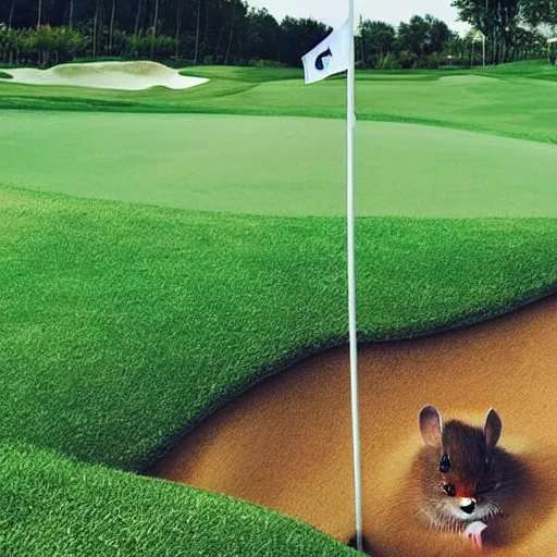 Prompt: “ hamster coming out of a golf hole, golf flag, golf terrain ”