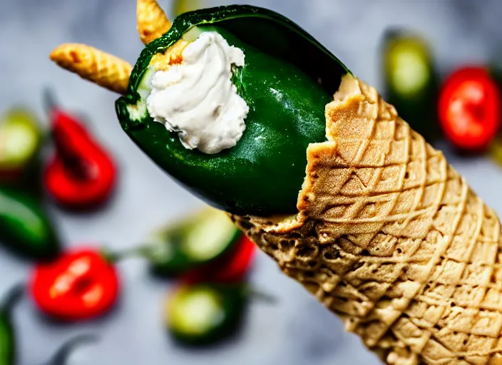 Image similar to dslr food photograph of ice cream cone with sliced jalapeno topping, 8 5 mm f 1. 8