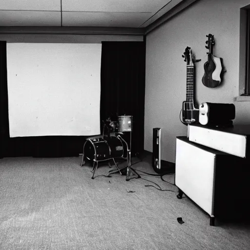 Image similar to 60s movie still of home music studio by Irving Penn, Cinestill 800t 35mm black and white, heavy grainy picture, very detailed, high quality, 4k, HD criterion, dramatic lightning, precise texture, gettyimages