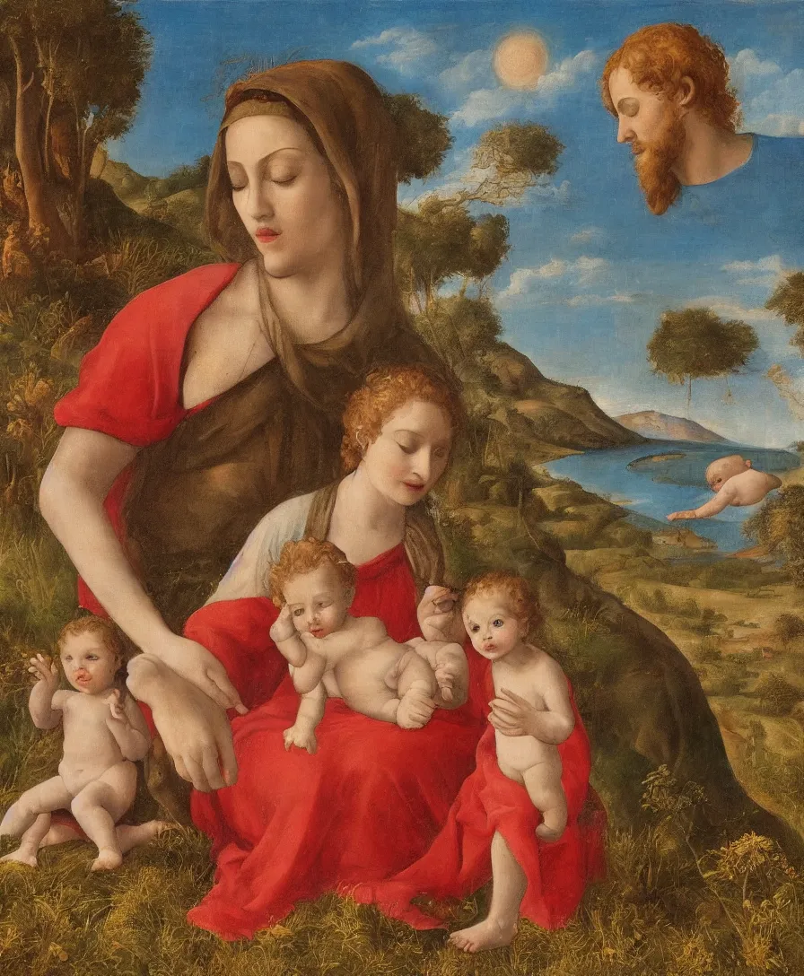 Image similar to Detailed Portrait of Madonna, alone with infant Jesus and another boy playin in front of her in the style of Raffael. Red hair. They are sitting in a dried out meadow near in Tuscany, red poppy in the field. On the horizon there is a blue lake with a town and blue mountains. Flat perspective.