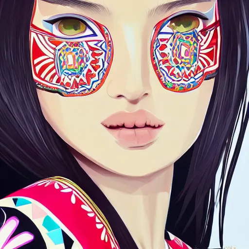 Image similar to a beautiful young japanese natalie portman alluring gravure model, stylized concept art, wearing elegant designer bomber jacket and one piece bikini, bomber jacket with mesoamerican patterns, mesoamerican native street fashion, princess mononoke, painted by ilya kuvshinov aesthetic, gorgeous, stunning, alluring, attractive, artstation, pinterest, digital art