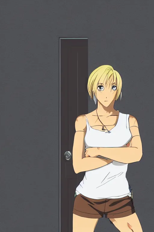 Prompt: anime style cel shaded portrait of a blonde woman, 40 years old, brown sun tanned skin, tattoos down left arm and back, wearing a charcoal vest top, white shorts and hiking boots, stood in sunshine in front of a door