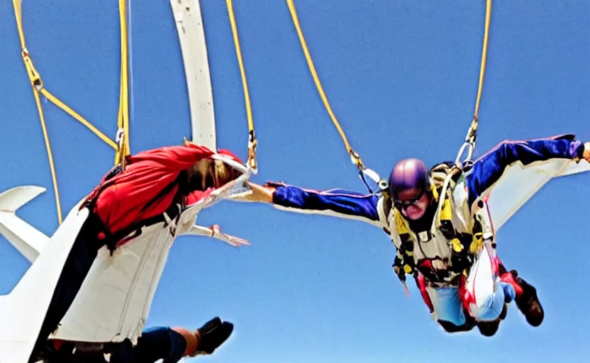 Image similar to close up on a skydiver tensioning muscles. plane in the background 8 0'sstyle