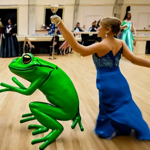 Image similar to tow frogs dancing in a prom