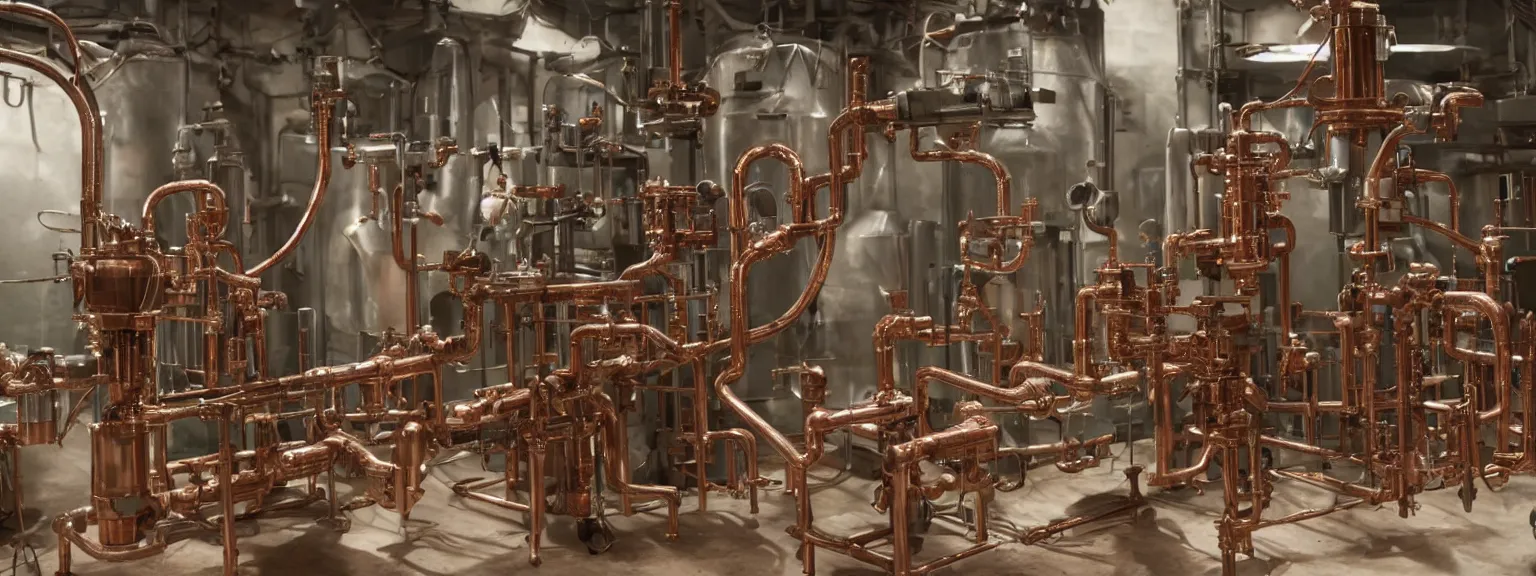 Image similar to a super high resolution film still of machine apparatus for making snake oil, huge copper machine fed by a hopper of snakes, purple and green pipework, directed by denis villeneuve, 8 k, snake machine, cinematic lighting