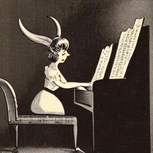 Image similar to vintage woman wearing devil horns and sitting in an piano, retro cartoon