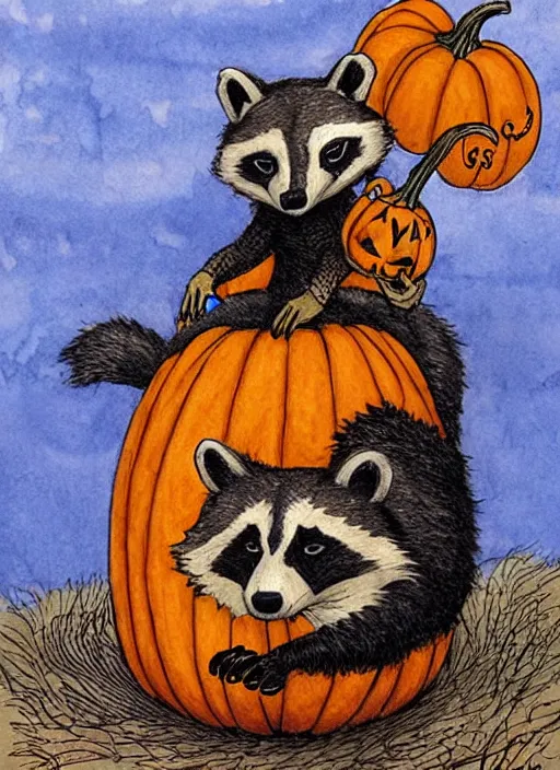 Image similar to halloween pumpkin in the shape of a raccoon by Rebecca Guay art, high quality, highly detailed,