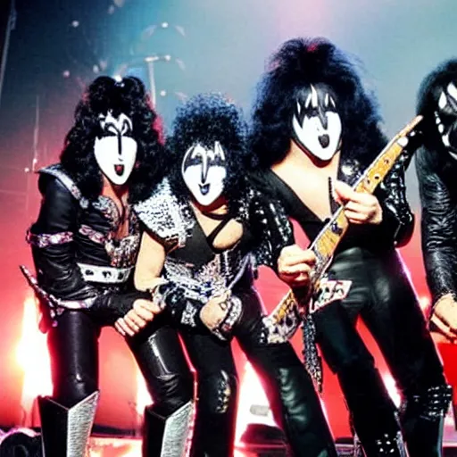 Prompt: photograph of the band kiss playing on - stage in concert