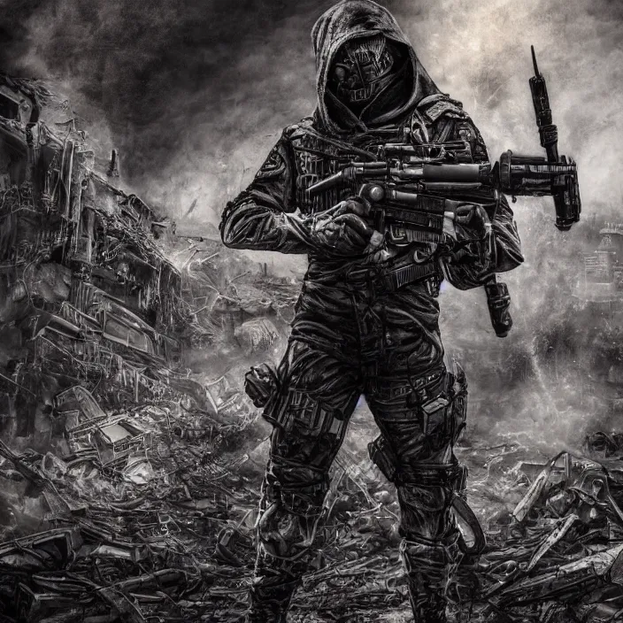 Prompt: gritty hooded apocalyptic man shouldering laser - rifle surrounded by destroyed machine, hyper - detailed, sharp focus, 4 k ultra hd, fantasy dark art, apocalyptic art