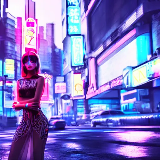 Prompt: innovative avant-garde art, deco fashion, asian women, neon lights, highly detailed, photorealistic portrait, cyberpunk city street, night time, crisp quality and light reflections, unreal engine 5 quality render