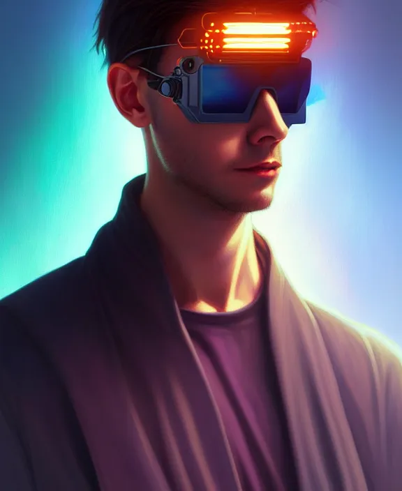 Prompt: metaverse, guy, male, man, sunglasses, hologram, half body, neurochip, android, cyborg, cyberpunk face, by loish, d & d, fantasy, intricate, elegant, highly detailed, colorful, digital painting, artstation, concept art, art by artgerm and greg rutkowski and alphonse mucha