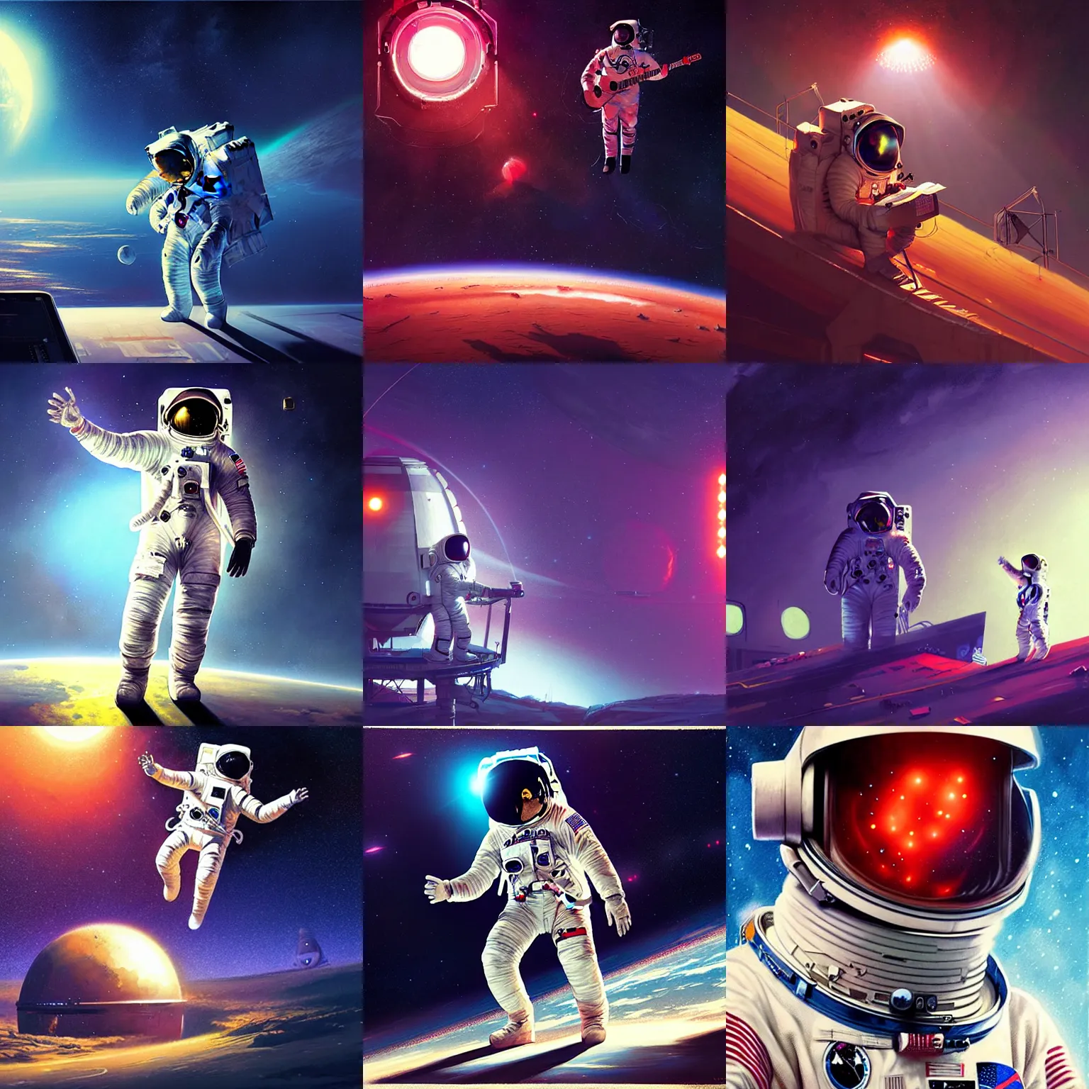 Prompt: an astronaut singin on a big stage,digital art,ultra realistic,ultra detailed,art by greg rutkowski,neon style