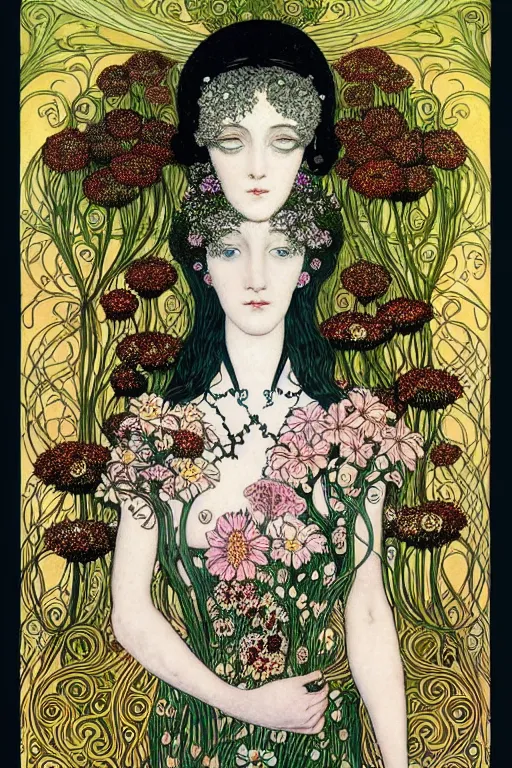 Image similar to centered beautiful detailed front view portrait of a woman with ornate flowers growing around, ornamentation, flowers, elegant, dark and gothic, full frame, art by kay nielsen and walter crane and gustave klimt, illustration style, watercolor