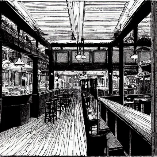 Image similar to interior of a 1 9 th century western american tavern, the bar, many bottles of wine, cimenatic, dramatic lighting, mystery and cool, ultra - wide view, westworld style, by moebius, katsuhiro otomo, tsutomu nihei, laurie greasley