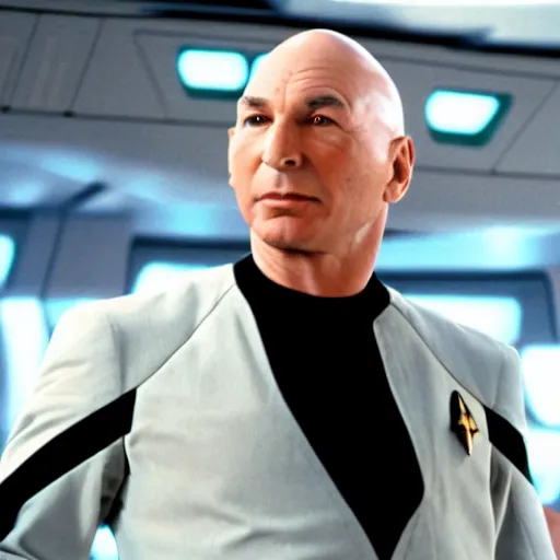 Prompt: Jean-Luc Picard on the bridge of the USS Enterprise NCC-1701-D, bokeh