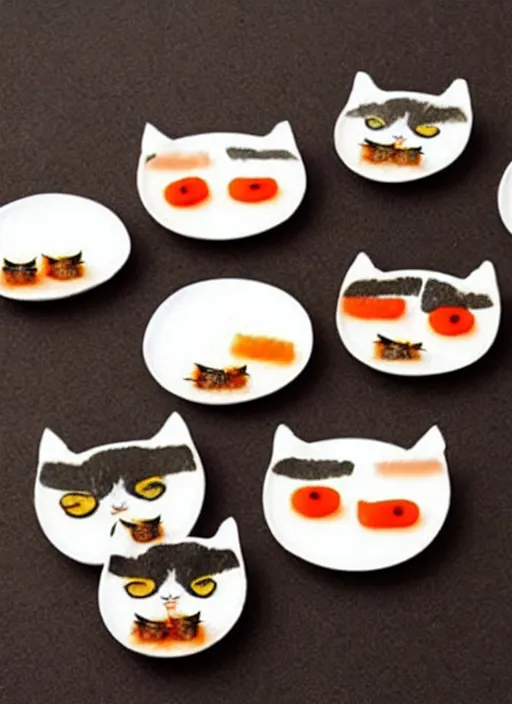 Image similar to clear surrealist painting of adorable cats made from sushi rice, sitting on sushi plates with garnish