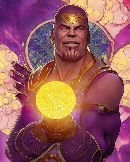 Prompt: thanos using the infinity stones to summon fried eggs, highly detailed, gold filigree, romantic storybook fantasy, soft cinematic lighting, award, disney concept art watercolor illustration by mandy jurgens and alphonse mucha and alena aenami, pastel color palette, featured on artstation