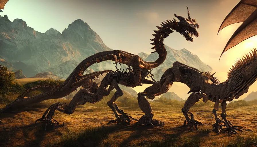 Prompt: hyper realistic highly detailed nature photography of a skeleton dragon, prehistoric planet, volumetric lighting, octane render, 4 k resolution, golden hour