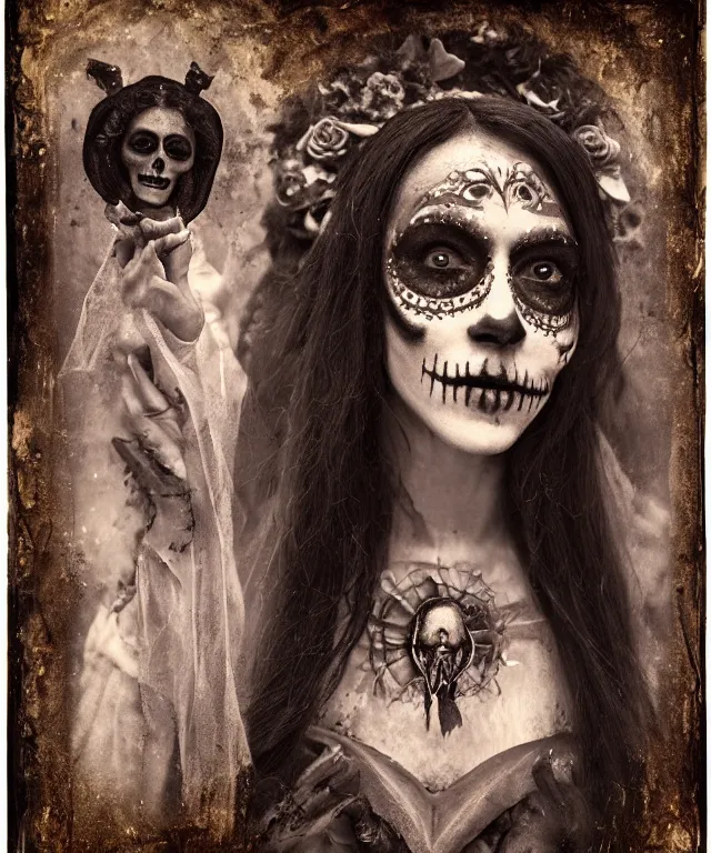 Image similar to tintype virgin mary in dia de muertos dress and make up, horrific beautiful vibe, evocative, atmospheric lighting, painted, intricate, highly detailed, leesha hannigan, wayne haag, reyna rochin, ignacio fernandez rios, mark ryden, iris van herpen, artstation, cgsociety, stunning, gorgeous, sharp focus, cinematic, masterpiece