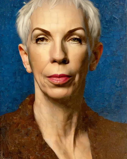 Image similar to portrait, annie lennox, impasto, Jean-Leon Gerome, chuck close:7, carl spitzweg:7, cinematic light, full face, symmetrical face, blue background