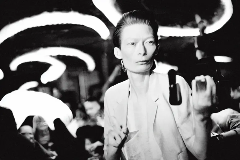 Prompt: Tilda Swinton at a nightclub in a Wong Kar-wai film, 35mm film