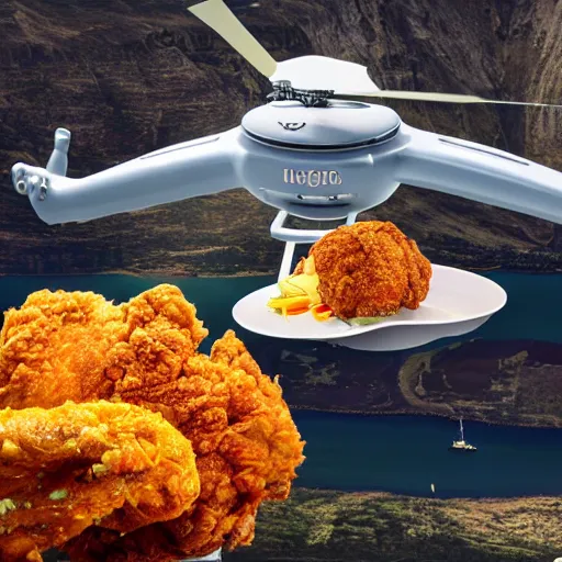 Image similar to a giant fried chicken falling from a helicopter, hyper detailed, 8k resolution