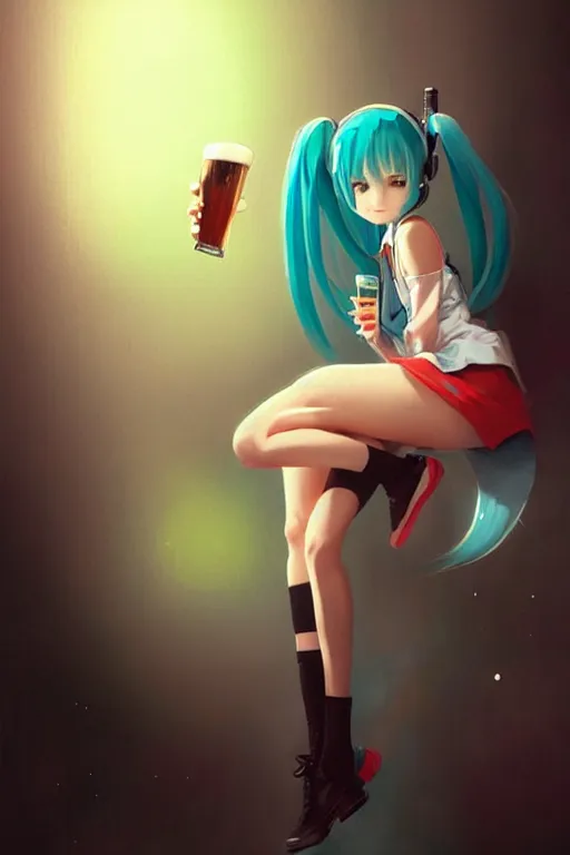 Prompt: Hatsune miku drinking a beer. visibly drunk. sci-fi, modern, colourful!! highly detailed, digital painting, artstation, concept art, sharp focus, illustration, by greg rutkowski