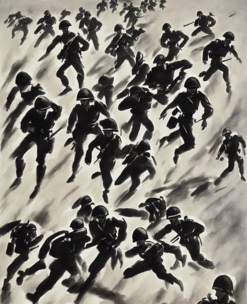 Image similar to a beautiful painting of running soldiers in el alamein battle, wwii,, black and white, painted by laszlo moholy nagy