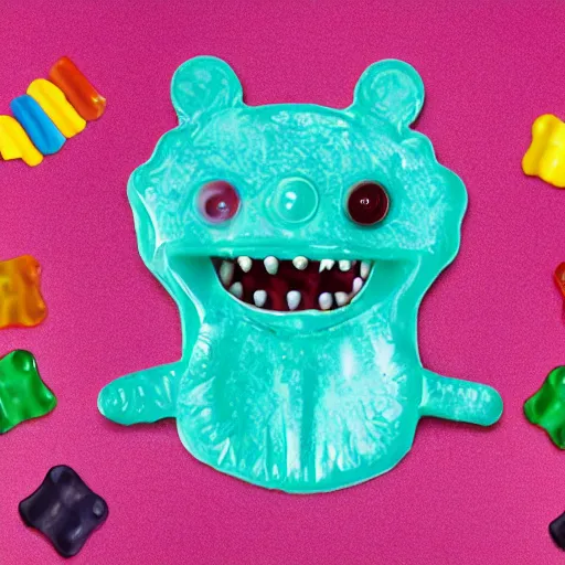 Prompt: a monster gummy bear tries to eat kids inside a kindergarten