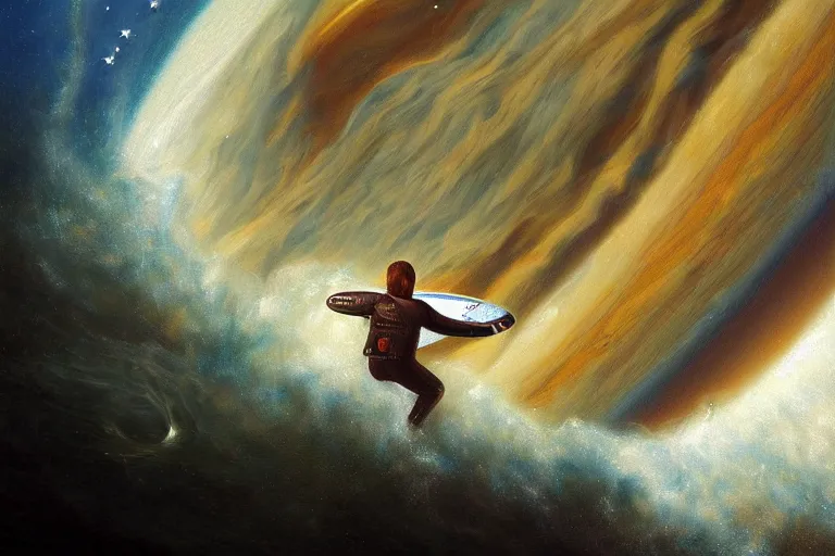 Image similar to an astronaut surfing waves in Jupiter ocean, beautiful, national geographic, very detailed, astrophotography, oil painting, canvas, Sandra Pelser, Jeff Lyons, Albert Bierstadt