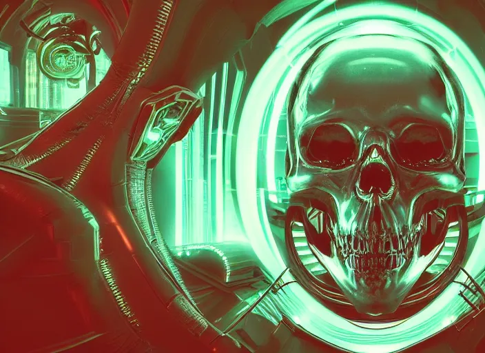 Image similar to a futuristic skull with glowing eyes and a wormhole tunnel, cyberpunk art by james jean, behance contest winner, computer art, darksynth, synthwave, rendered in cinema 4 d