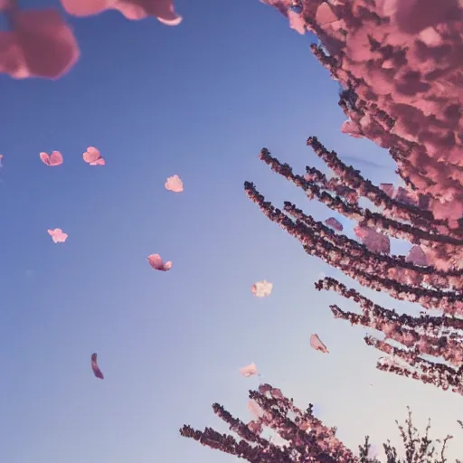 Image similar to low angle photo of the mountains and sky during the sunset. only a very bright star can be seen in the sky and some clouds. some sakura petals in the air. photorealistic