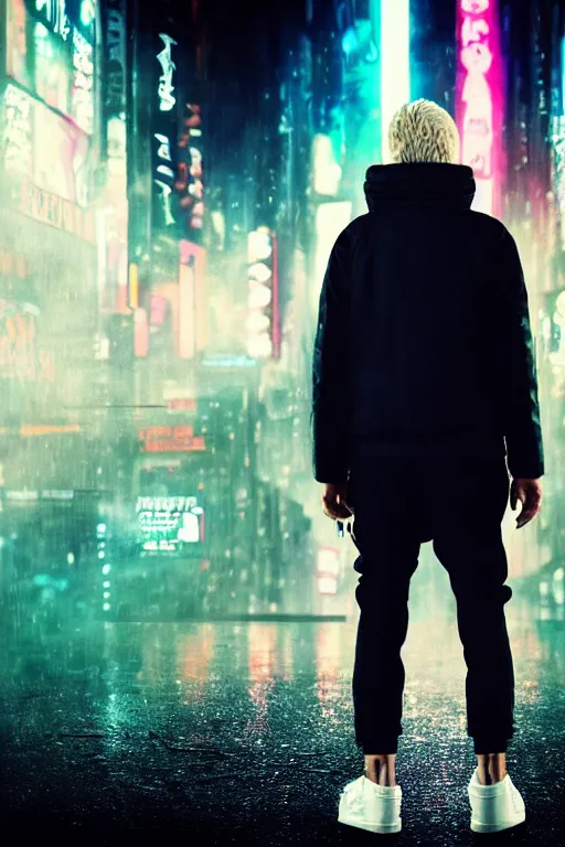 Image similar to extreme long shot. 35 years old blonde russian man in white adidas pants. black letaher jacket. white sneakers. hangover face. staying on the street. 4k, 8k, hyprerealistic, extreme hight detail, trending on artstation, masterpiece. bladerunner 2049 colors. colourful. psychedelic colors