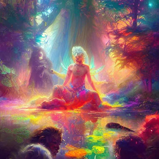 Prompt: a psychedelic realm where astral beings share love ~ greg rutkowski ~ wlop ~ lisa frank ~ bob ross ~ ruan jia ~ illustration