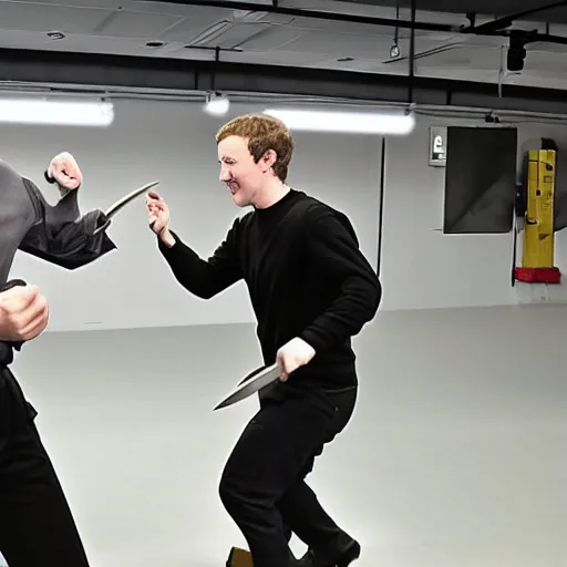 Image similar to mark Zuckerberg sword fighting with Elon musk in robotic samurai armor