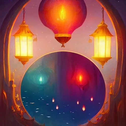 Prompt: beautiful and captivating floating lanterns in the night sky, mirror glass aesthetic. rich vivid colors, ambient lighting, dynamic lighting, 4 k, atmospheric lighting, painted, intricate, highly detailed by charlie bowater