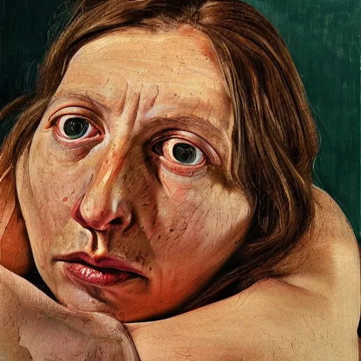 Image similar to high quality high detail painting by lucian freud, hd, long hair confused woman portrait, photorealistic lighting