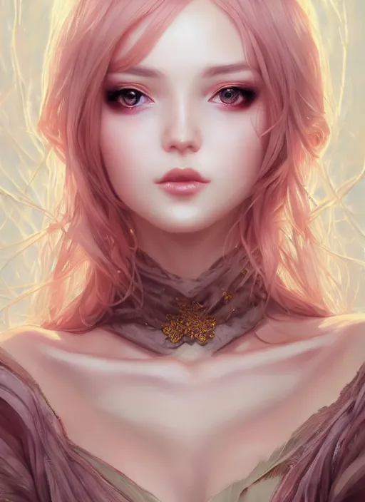 Prompt: dreamlike luxury stunning gothic girl portrait, pale pink and gold kimono, art by artgerm, wlop, loish, ilya kuvshinov, 8 k realistic, hyperdetailed, beautiful lighting, detailed background, depth of field, symmetrical face, frostbite 3 engine, cryengine,