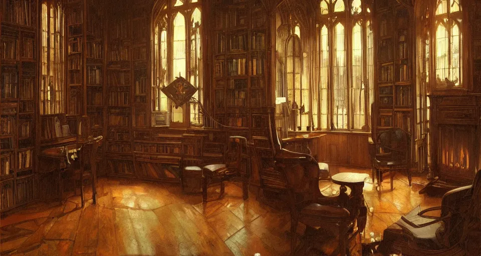 Prompt: Dark victorian hall with two chairs and fireplace. Stained-glass above, bookshelves, artstation, concept art, smooth, sharp focus, illustration, art by and greg rutkowski and alphonse mucha