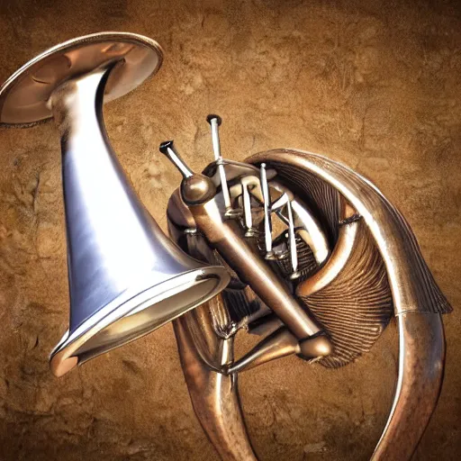 Image similar to a 3 d render of a medieval blowing horn, winding horn, animal horn, higly detailed, mystic, artwork