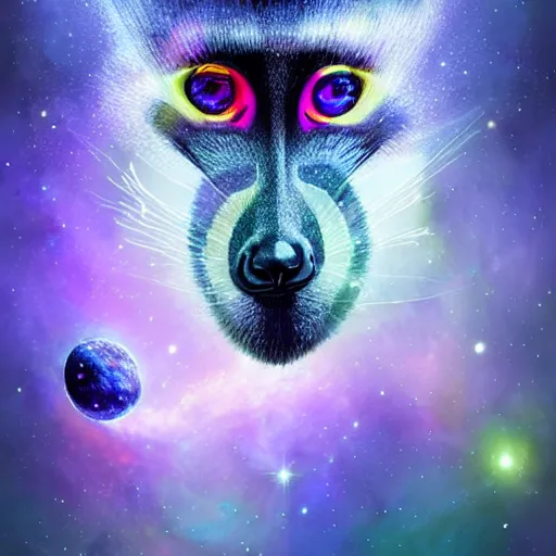 Prompt: geometric lemur with galaxy eyes in space, nebula in the background, intricate, elegant, highly detailed, digital painting, artstation, concept art, smooth, sharp focus, illustration, art by artgerm