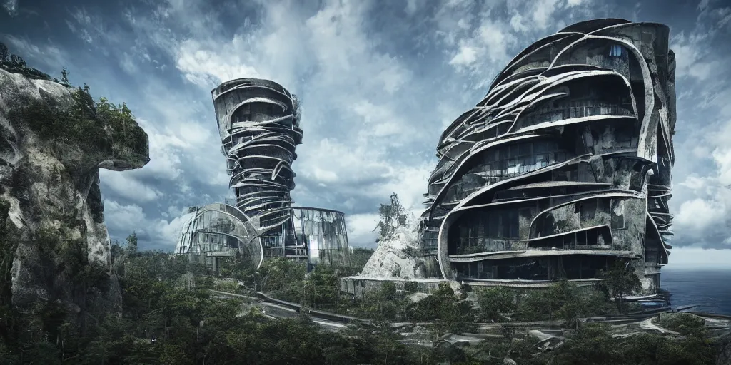 Image similar to modern brutalistic architecture tower build in the center of a huge ringed shaped mountain with forest on the top in the center of the ocean, unreal 5, hyper realistic, realistic, photorealistic, dynamic lighting, highly detailed, cinematic landscape, studio landscape, studio lighting